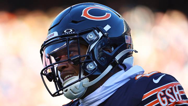 Nov 23, 2025; Chicago, Illinois, USA; Chicago Bears wide receiver DJ Moore (2) reacts during the second half at Soldier Field. Mandatory Credit: Mike Dinovo-Imagn Images