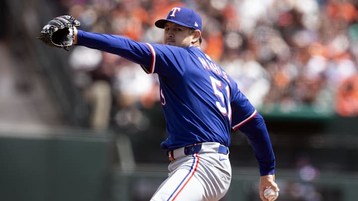 Apr 26, 2025; San Francisco, California, USA; Texas Rangers starting pitcher Tyler Mahle (51) delivers a pitch against the San Francisco Giants during the first inning at Oracle Park. Apr 26, 2025; San Francisco, California, USA; Texas Rangers starting pitcher Tyler Mahle (51) delivers a pitch against the San Francisco Giants during the first inning at Oracle Park.