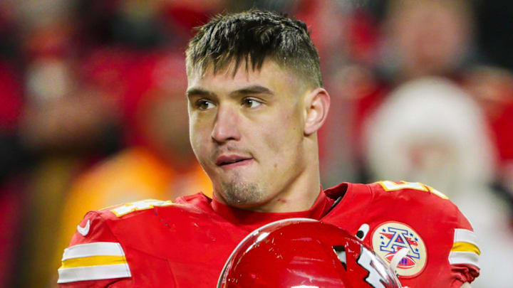 Jan 18, 2025; Kansas City, Missouri, USA; Kansas City Chiefs linebacker Leo Chenal (54) reacts during the second half against Houston Texans in a 2025 AFC divisional round game at GEHA Field at Arrowhead Stadium. Mandatory Credit: Jay Biggerstaff-Imagn Images