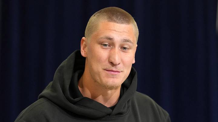 Feb 25, 2026; Indianapolis, IN, USA; Utah linebacker Lander Barton (LB02) speaks during the NFL Scouting Combine at the Indiana Convention Center. Mandatory Credit: Kirby Lee-Imagn Images Feb 25, 2026; Indianapolis, IN, USA; Utah linebacker Lander Barton (LB02) speaks during the NFL Scouting Combine at the Indiana Convention Center. Mandatory Credit: Kirby Lee-Imagn Images
