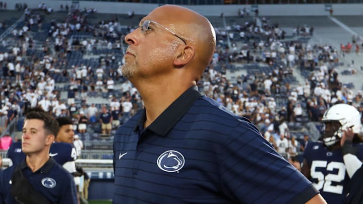 Sep 13, 2025; University Park, Pennsylvania, USA; Penn State Nittany Lions head coach James Franklin watches the replay of the final play of the game following the end of the game against the Villanova Wildcats at Beaver Stadium. Mandatory Credit: Matthew O'Haren-Imagn Images
Sep 13, 2025; University Park, Pennsylvania, USA; Penn State Nittany Lions head coach James Franklin watches the replay of the final play of the game following the end of the game against the Villanova Wildcats at Beaver Stadium. Mandatory Credit: Matthew O'Haren-Imagn Images