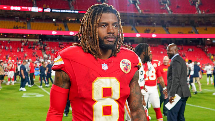 Aug 22, 2025; Kansas City, Missouri, USA; Kansas City Chiefs cornerback Kristian Fulton (8) leaves the field after the game against the Chicago Bears at GEHA Field at Arrowhead Stadium. Mandatory Credit: Denny Medley-Imagn Images