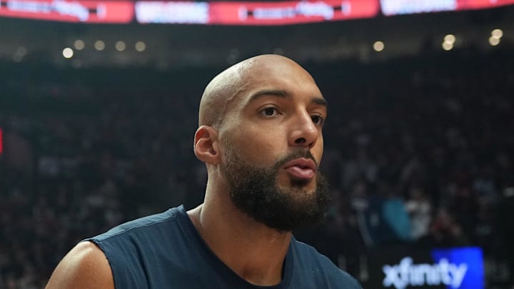 Feb 24, 2026; Portland, Oregon, USA; Minnesota Timberwolves center Rudy Gobert (27) is introduced before the game against the Portland Trail Blazers at Moda Center. Mandatory Credit: Soobum Im-Imagn Images