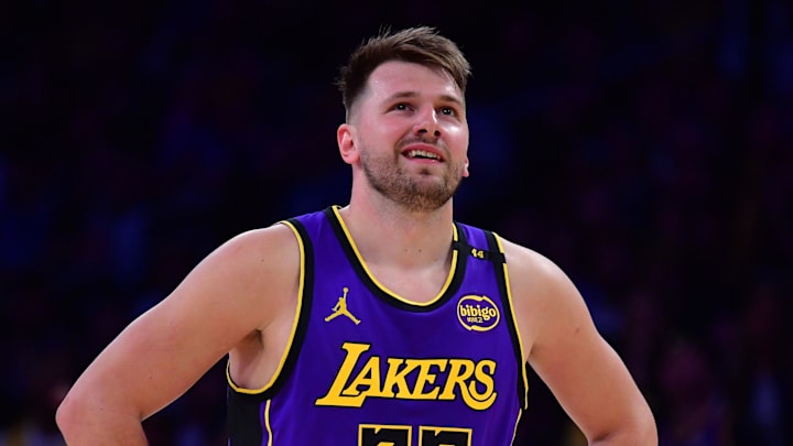 Feb 25, 2025; Los Angeles, California, USA; Los Angeles Lakers guard Luka Doncic (77) reacts against the Dallas Mavericks during the first quarter at Crypto.com Arena. Mandatory Credit: Gary A. Vasquez-Imagn Images Feb 25, 2025; Los Angeles, California, USA; Los Angeles Lakers guard Luka Doncic (77) reacts against the Dallas Mavericks during the first quarter at Crypto.com Arena. Mandatory Credit: Gary A. Vasquez-Imagn Images