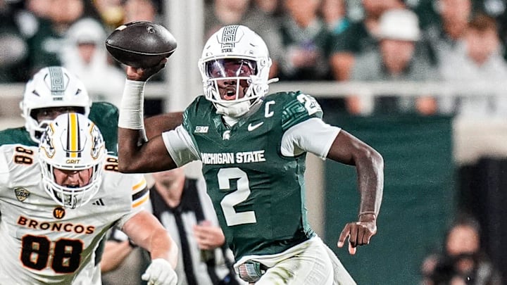 Michigan State quarterback Aidan Chiles (2) looks to pass against Western Michigan during the second half at Spartan Stadium in East Lansing on Friday, August 29, 2025.