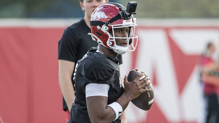 Arkansas Razorbacks quarterback KJ Jackson (7) looks for a receiver to throw to during spring practice at the Arkansas Razorbacks practice facilities. Arkansas Razorbacks quarterback KJ Jackson (7) looks for a receiver to throw to during spring practice at the Arkansas Razorbacks practice facilities.