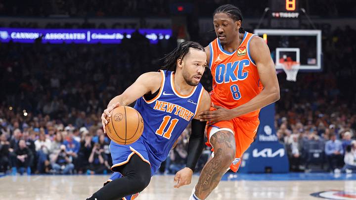 Jan 3, 2025; Oklahoma City, Oklahoma, USA; New York Knicks guard Jalen Brunson (11) drives around Oklahoma City Thunder forward Jalen Williams (8) during the first quarter at Paycom Center. Mandatory Credit: Alonzo Adams-Imagn Images Jan 3, 2025; Oklahoma City, Oklahoma, USA; New York Knicks guard Jalen Brunson (11) drives around Oklahoma City Thunder forward Jalen Williams (8) during the first quarter at Paycom Center. Mandatory Credit: Alonzo Adams-Imagn Images