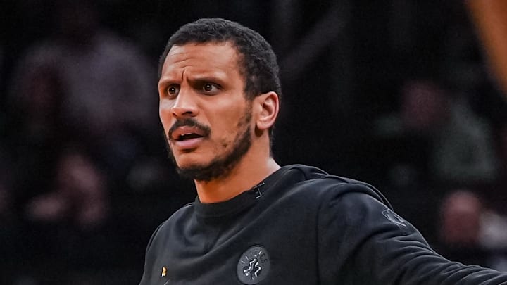 Apr 28, 2026; Boston, Massachusetts, USA; Boston Celtics head coach Joe Mazzulla watches from the sideline as they take on the Philadelphia 76ers during game five of the first round of the 2026 NBA Playoffs at TD Garden. Mandatory Credit: David Butler II-Imagn Images