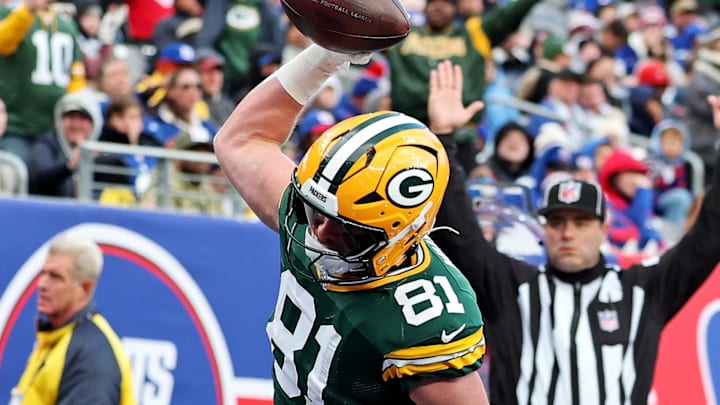 Green Bay Packers tight end Josh Whyle (81) celebrates after catches a touchdown pass against the New York Giants.