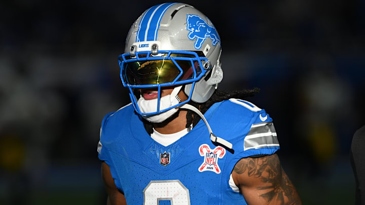 Dec 21, 2025; Detroit, Michigan, USA; Detroit Lions running back Jahmyr Gibbs (0) warms up before the game against the Pittsburgh Steelers at Ford Field. Mandatory Credit: Lon Horwedel-Imagn Images