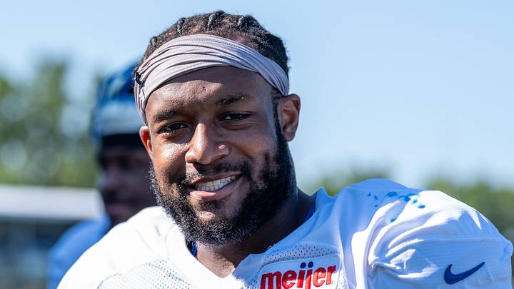 Detroit Lions defensive end DJ Wonnum (98) smiles during training camp Detroit Lions defensive end DJ Wonnum (98) smiles during training camp