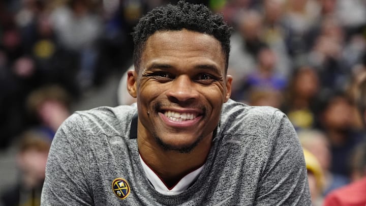 Dec 28, 2024; Denver, Colorado, USA; Denver Nuggets guard Russell Westbrook (4) reacts from the bench in the second half against the Detroit Pistons at Ball Arena. Mandatory Credit: Ron Chenoy-Imagn Images Dec 28, 2024; Denver, Colorado, USA; Denver Nuggets guard Russell Westbrook (4) reacts from the bench in the second half against the Detroit Pistons at Ball Arena. Mandatory Credit: Ron Chenoy-Imagn Images