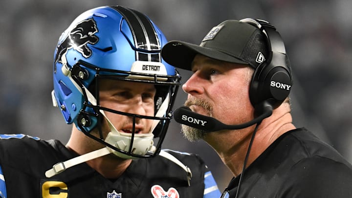 Dec 25, 2025; Minneapolis, Minnesota, USA; Detroit Lions quarterback Jared Goff (16) speaks with head coach Dan Campbell in the second quarter against the Minnesota Vikings at U.S. Bank Stadium. Mandatory Credit: Jeffrey Becker-Imagn Images Dec 25, 2025; Minneapolis, Minnesota, USA; Detroit Lions quarterback Jared Goff (16) speaks with head coach Dan Campbell in the second quarter against the Minnesota Vikings at U.S. Bank Stadium. Mandatory Credit: Jeffrey Becker-Imagn Images