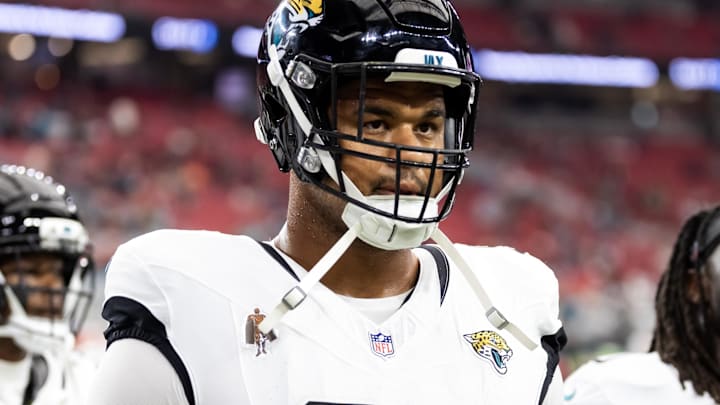 Nov 23, 2025; Glendale, Arizona, USA; Jacksonville Jaguars defensive tackle Arik Armstead (91) against the Arizona Cardinals at State Farm Stadium. Mandatory Credit: Mark J. Rebilas-Imagn Images