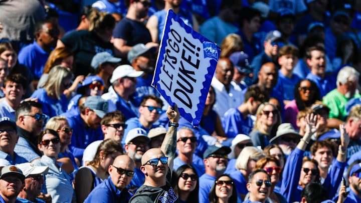 Oct 18, 2025; Durham, North Carolina, USA; Duke Blue Devils fans  during the first half of the game against Georgia Tech Yellow Jackets at Wallace Wade Stadium. Mandatory Credit: Jaylynn Nash-Imagn Images