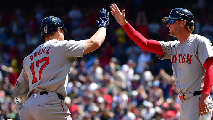 Apr 7, 2024; Anaheim, California, USA; Boston Red Sox left fielder Tyler O'Neill (17) is greeted by