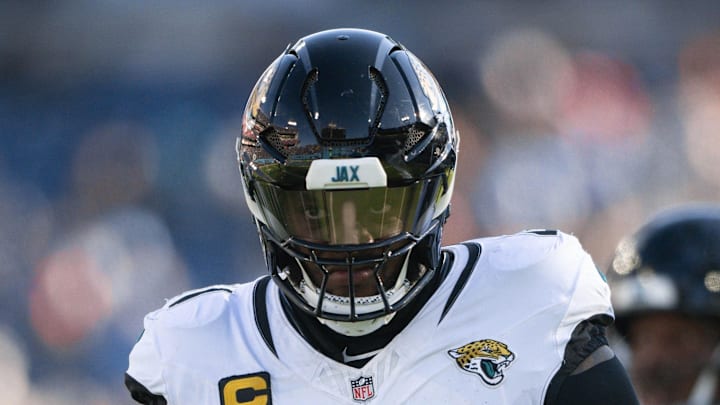 Nov 30, 2025; Nashville, Tennessee, USA;  Jacksonville Jaguars defensive end Josh Hines-Allen (41) against the Tennessee Titans during the second half at Nissan Stadium. Mandatory Credit: Steve Roberts-Imagn Images