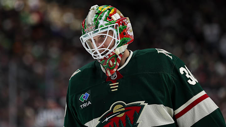 Nov 28, 2025; Saint Paul, Minnesota, USA; Minnesota Wild goaltender Jesper Wallstedt (30) looks on during the third period against the Colorado Avalanche at Grand Casino Arena. Mandatory Credit: Matt Krohn-Imagn Images