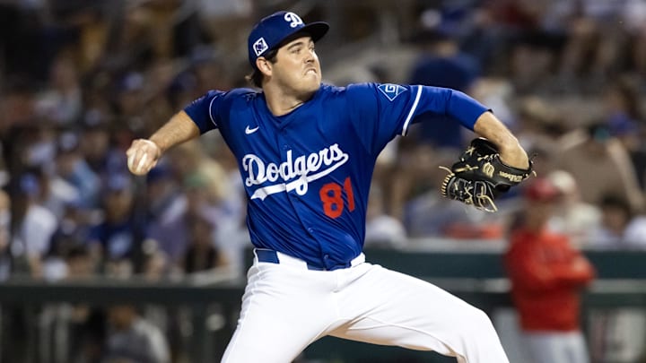 Feb 28, 2025; Phoenix, Arizona, USA; Los Angeles Dodgers pitcher Jack Little against the Los Angeles Angels during a spring training game at Camelback Ranch-Glendale. Mandatory Credit: Mark J. Rebilas-Imagn Images Feb 28, 2025; Phoenix, Arizona, USA; Los Angeles Dodgers pitcher Jack Little against the Los Angeles Angels during a spring training game at Camelback Ranch-Glendale. Mandatory Credit: Mark J. Rebilas-Imagn Images
