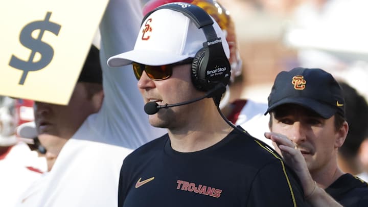 Sep 21, 2024; Ann Arbor, Michigan, USA;  USC Trojans head coach Lincoln Riley on the sideline in the second half against the Michigan Wolverines at Michigan Stadium. Mandatory Credit: Rick Osentoski-Imagn Images