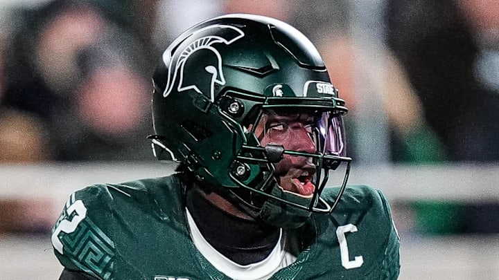Michigan State quarterback Aidan Chiles (2) looks to pass against Michigan during the first half at Spartan Stadium in East Lansing on Saturday, October 25, 2025.