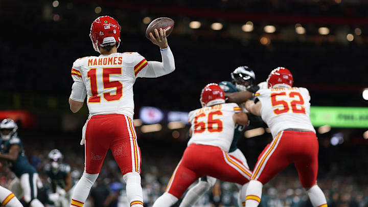 Feb 9, 2025; New Orleans, LA, USA; Kansas City Chiefs quarterback Patrick Mahomes (15) passes the ball from his own end zone against the Philadelphia Eagles during Super Bowl LIX at Caesars Superdome. Mandatory Credit: Geoff Burke-Imagn Images
