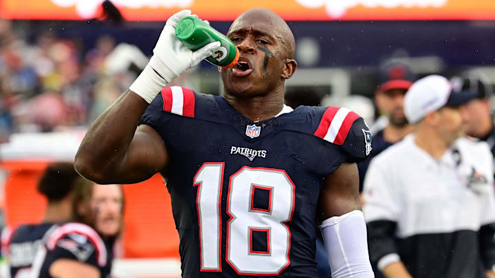 Sep 10, 2023; Foxborough, Massachusetts, USA; New England Patriots wide receiver Matthew Slater (18) on the sideline during the first half against the Philadelphia Eagles at Gillette Stadium. Mandatory Credit: Eric Canha-Imagn Images