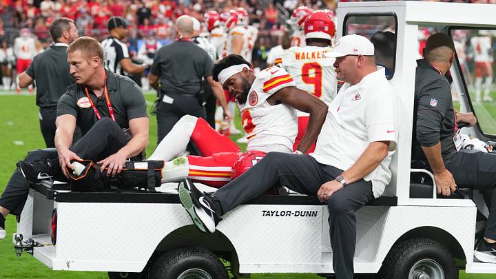 Oct 4, 2026; Paradise, Nevada, USA; Kansas City Chiefs wide receiver Tyquan Thornton (2) is carted off the field with an apparent injury against the Las Vegas Raiders during the fourth quarter at Allegiant Stadium. Mandatory Credit: Joe Camporeale-Imagn Images Oct 4, 2026; Paradise, Nevada, USA; Kansas City Chiefs wide receiver Tyquan Thornton (2) is carted off the field with an apparent injury against the Las Vegas Raiders during the fourth quarter at Allegiant Stadium. Mandatory Credit: Joe Camporeale-Imagn Images
