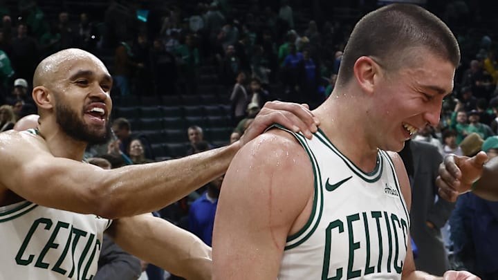 Mar 5, 2025; Boston, Massachusetts, USA; For the first time in Boston Celtics history, two teammates scored over 40 points in a game, Boston Celtics guard Derrick White (9), 41 points, and guard Payton Pritchard (11) ,43 points as they joke around after their win over the Portland Trail Blazers at TD Garden. Mandatory Credit: Winslow Townson-Imagn Images Mar 5, 2025; Boston, Massachusetts, USA; For the first time in Boston Celtics history, two teammates scored over 40 points in a game, Boston Celtics guard Derrick White (9), 41 points, and guard Payton Pritchard (11) ,43 points as they joke around after their win over the Portland Trail Blazers at TD Garden. Mandatory Credit: Winslow Townson-Imagn Images