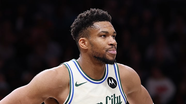 Giannis Antetokounmpo gazes onto the open floor while playing our own Atlanta Hawks