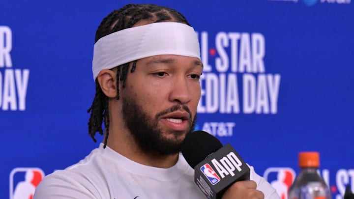 Feb 14, 2026; Los Angeles, CA, USA; 	Team USA Stripes guard Jalen Brunson (11) of the New York Knicks during a news conference for the NBA All Star game at Intuit Dome. Mandatory Credit: Jayne Kamin-Oncea-Imagn Images