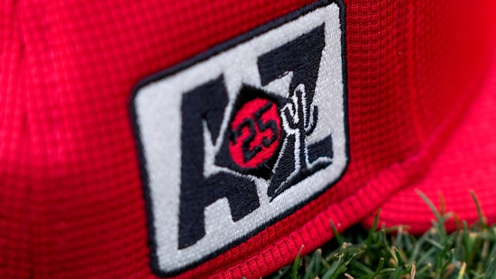 The Cactus League spring training patch on a Cincinnati Reds hat at the Cincinnati Reds Player Development Complex in Goodyear, Ariz., on Thursday, Feb. 13, 2025.