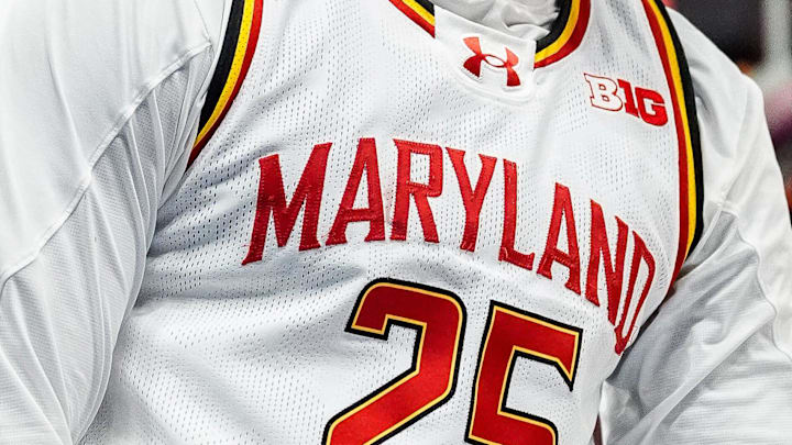 Maryland center Derik Queen (25) celebrates a play against Michigan during the second half of Big Ten Tournament semifinal at Gainbridge Fieldhouse in Indianapolis, Ind. on Saturday, March 15, 2025. Maryland center Derik Queen (25) celebrates a play against Michigan during the second half of Big Ten Tournament semifinal at Gainbridge Fieldhouse in Indianapolis, Ind. on Saturday, March 15, 2025.