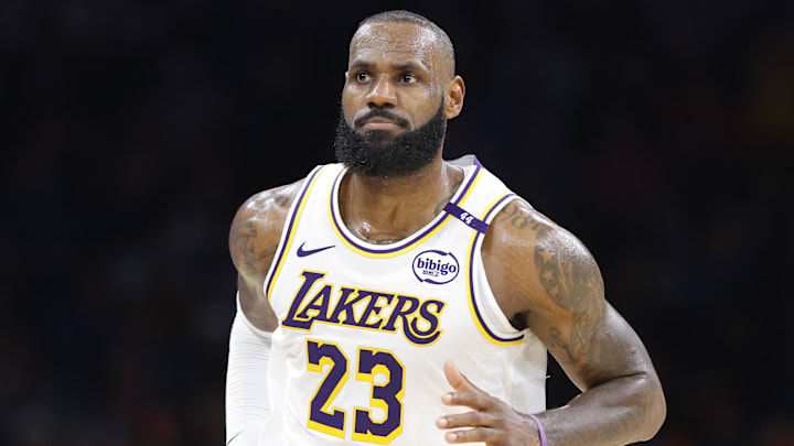 Apr 6, 2025; Oklahoma City, Oklahoma, USA;Los Angeles Lakers forward LeBron James (23) reacts after scoring against the Oklahoma City Thunder during the second half at Paycom Center. Mandatory Credit: Alonzo Adams-Imagn Images