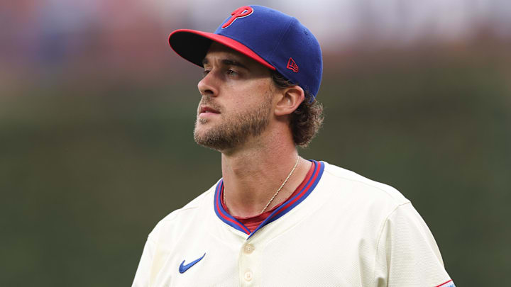Apr 5, 2025; Philadelphia, Pennsylvania, USA; Philadelphia Phillies pitcher Aaron Nola (27) before action against the Los Angeles Dodgers at Citizens Bank Park