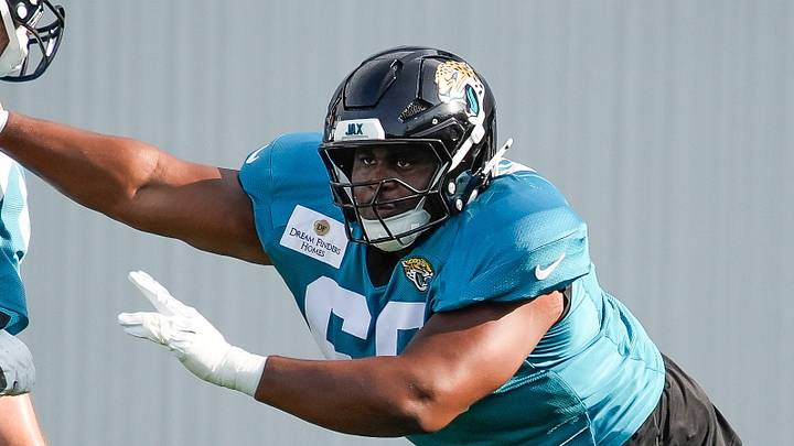 Jacksonville Jaguars Offensive Lineman Ezra Cleveland (76) and Jacksonville Jaguars offensive lineman Timothy McKay (68) run a drill during the Jacksonville Jaguars 14th session of NFL Training Camp at the Miller Electric Center in Jacksonville, Fla., Monday, August 17, 2026. Jacksonville Jaguars Offensive Lineman Ezra Cleveland (76) and Jacksonville Jaguars offensive lineman Timothy McKay (68) run a drill during the Jacksonville Jaguars 14th session of NFL Training Camp at the Miller Electric Center in Jacksonville, Fla., Monday, August 17, 2026.