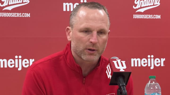 Indiana basketball coach Darian DeVries speaks to reporters March 4, 2026, after beating Minnesota at Simon Skjodt Assembly Hall.