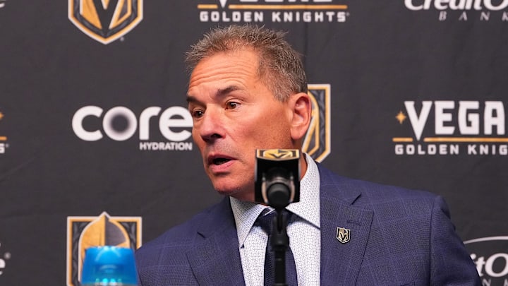 Nov 10, 2025; Las Vegas, Nevada, USA; Vegas Golden Knights head coach Bruce Cassidy takes questions during a presser after the Florida Panthers defeated the Golden Knights 3-2 at T-Mobile Arena. Mandatory Credit: Stephen R. Sylvanie-Imagn Images Nov 10, 2025; Las Vegas, Nevada, USA; Vegas Golden Knights head coach Bruce Cassidy takes questions during a presser after the Florida Panthers defeated the Golden Knights 3-2 at T-Mobile Arena. Mandatory Credit: Stephen R. Sylvanie-Imagn Images