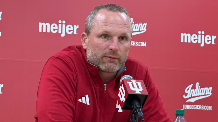 Indiana basketball coach Darian DeVries speaks to reporters Friday after beating Marian 107-46 in an exhibition game. Indiana basketball coach Darian DeVries speaks to reporters Friday after beating Marian 107-46 in an exhibition game.