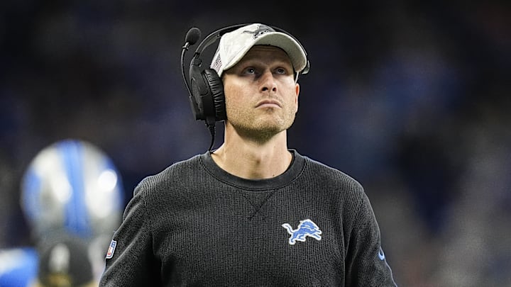 Former Detroit Lions offensive coordinator Ben Johnson watches a replay against Jacksonville Jaguars 
