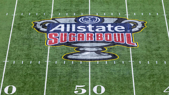 Jan 1, 2024; New Orleans, LA, USA; A general view of the 2024 Sugar Bowl college football playoff semifinal game logo before the game between the Texas Longhorns and the Washington Huskies at Caesars Superdome. Jan 1, 2024; New Orleans, LA, USA; A general view of the 2024 Sugar Bowl college football playoff semifinal game logo before the game between the Texas Longhorns and the Washington Huskies at Caesars Superdome.