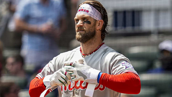 Apr 26, 2026; Cumberland, Georgia, USA; Philadelphia Phillies first baseman Bryce Harper (3) reacts after striking out against the Atlanta Braves during the third inning at Truist Park.