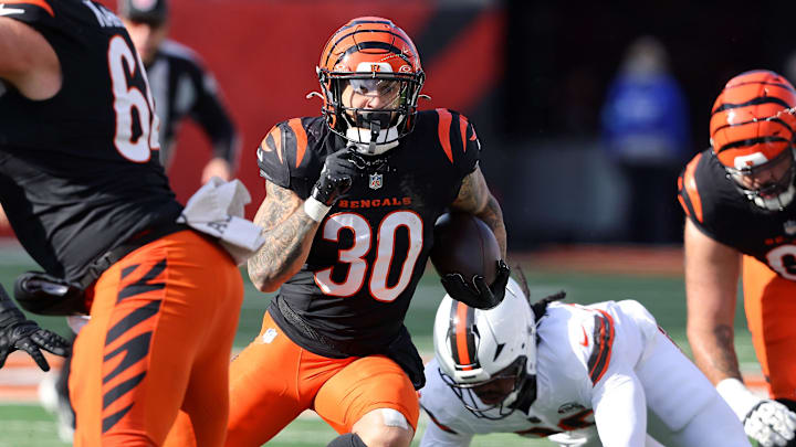 Dec 22, 2024; Cincinnati, Ohio, USA;  Cincinnati Bengals running back Chase Brown (30) runs during the first quarter against the Cleveland Browns at Paycor Stadium. Mandatory Credit: Joseph Maiorana-Imagn Images