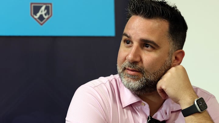 Feb 15, 2024; Tampa, FL, USA; Atlanta Braves general manager and president of baseball operations Alex Anthopoulos talks with media at George M. Steinbrenner Field.