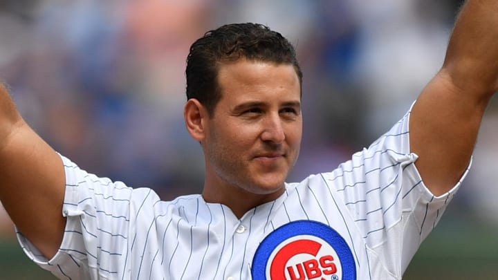 Anthony Rizzo former Chicago Cubs player and team ambassador prepares to throw out a ceremonial first pitch prior to a game against the Tampa Bay Rays at Wrigley Field. 