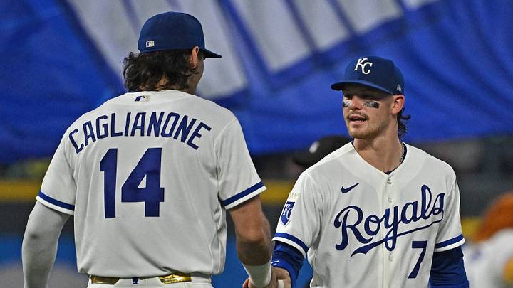 Kansas City Royals shortstop Bobby Witt Jr. (7) and first baseman Jac Caglianone (14) Kansas City Royals shortstop Bobby Witt Jr. (7) and first baseman Jac Caglianone (14)