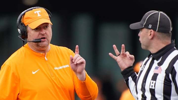 Tennessee head coach Josh Heupel communicates with an official during the third quarter at FirstBank Stadium in Nashville, Tenn., Saturday, Nov. 30, 2024.
