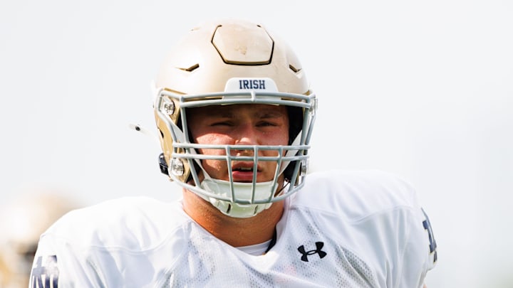 Notre Dame offensive lineman Billy Schrauth participates in a drill during a Notre Dame football practice at Irish Athletic Center on Tuesday, Aug. 6, 2024, in South Bend.