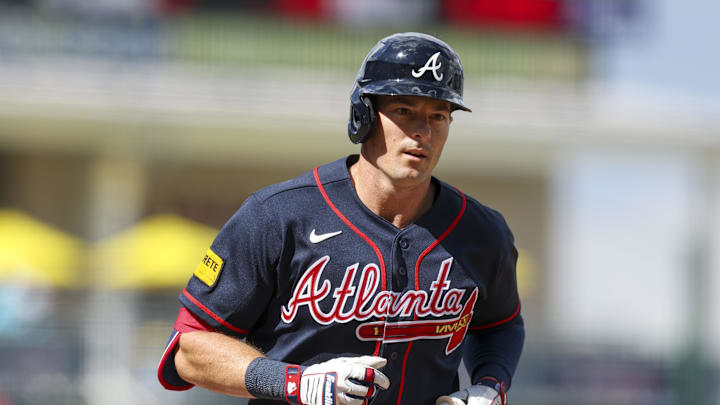 Mar 7, 2026; North Port, Florida, USA; Atlanta Braves left fielder Mike Yastrzemski (18) runs the bases after hitting a home run against the Baltimore Orioles in the sixth inning during spring Training at CoolToday Park. Mandatory Credit: Nathan Ray Seebeck-Imagn Images Mar 7, 2026; North Port, Florida, USA; Atlanta Braves left fielder Mike Yastrzemski (18) runs the bases after hitting a home run against the Baltimore Orioles in the sixth inning during spring Training at CoolToday Park. Mandatory Credit: Nathan Ray Seebeck-Imagn Images