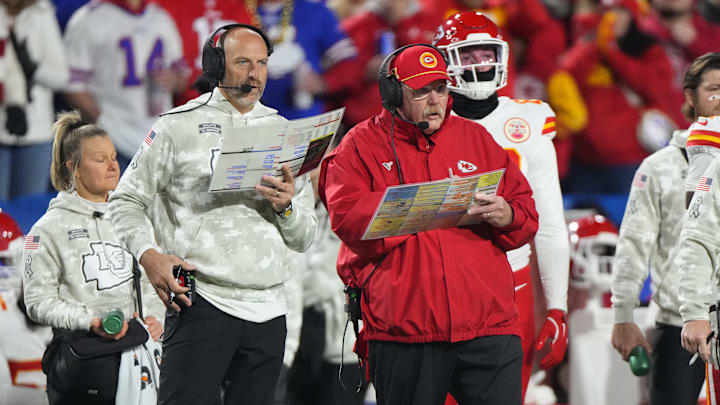 Nov 17, 2024; Orchard Park, New York, USA; Kansas City Chiefs head coach Andy Reid looks at his play card during the first half against the Buffalo Bills at Highmark Stadium. Mandatory Credit: Gregory Fisher-Imagn Images Nov 17, 2024; Orchard Park, New York, USA; Kansas City Chiefs head coach Andy Reid looks at his play card during the first half against the Buffalo Bills at Highmark Stadium. Mandatory Credit: Gregory Fisher-Imagn Images
